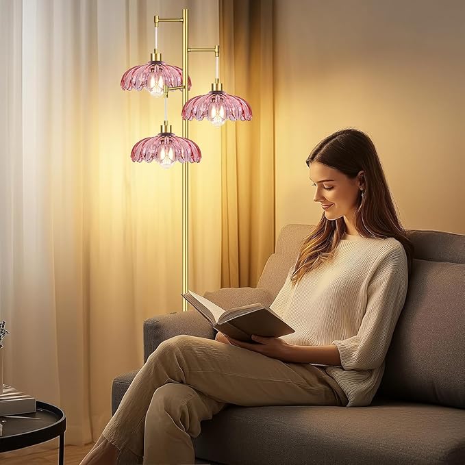 Vintage Floor Lamps for Living Room Bedroom-3 Light Glass Floor Lamp with Three Led Bulb, Tall Flower Floor Lamp Gold Mid Century Modern Standing Lamp Tree Floor Lamps for Living Room Bedroom Corner