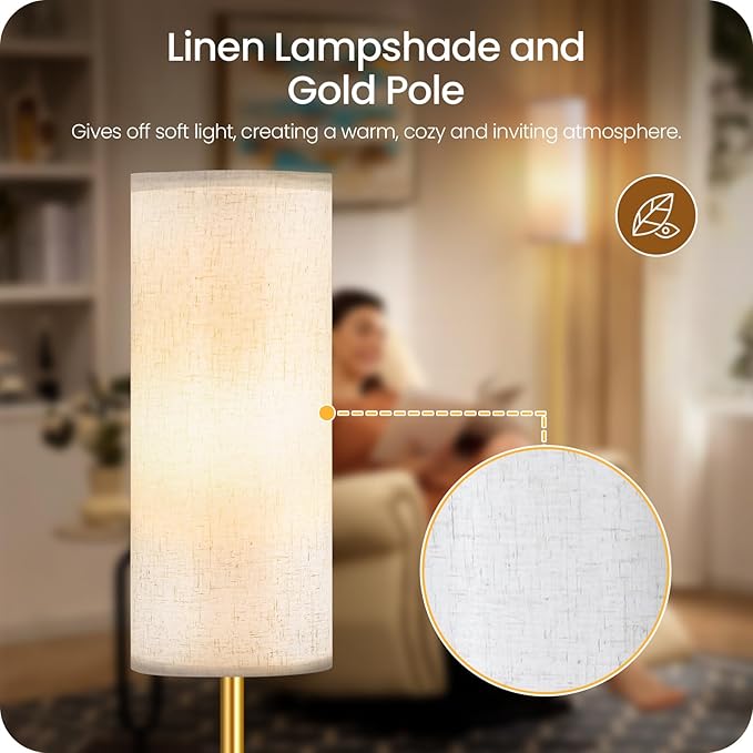 Dimmable Floor Lamps for Living Room with Remote and Foot Switch, 64.4” Modern Standing Tall Lamp, Corner Lamp for Bedroom, Bulb Included, 3000K-6500K, White and Gold, FCC Listed DW06LD05W1