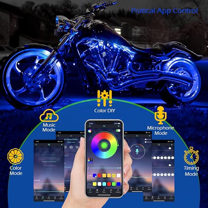 SHINIGHT 14 Pcs Motorcycle LED Light Kits, App Control Multicolor Waterproof Motorcycle LED Strip Lights with RF Remote, Music Sync & Multiple Scene Modes RGB LED Lights for Motorcycles