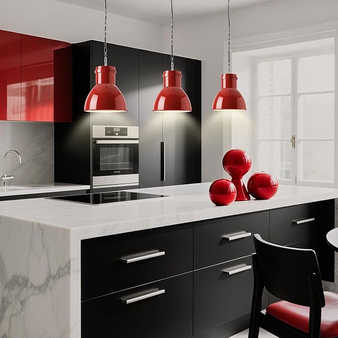BoostArea Red Pendant Lights Kitchen Island, 10.6" Large Metal Shade and 71'' Adjustable Height, Mid Century Modern Pendant Light fixtures,Hanging Pendant Lighting for Christmas Decor/Lighting,No Bulb