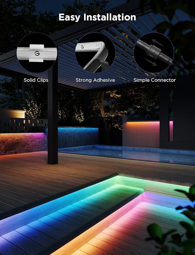 Govee Outdoor LED Strip Lights RGBIC with Warm and Cold White, 65.6ft 2.4G WiFi Smart Outdoor Lights, IP65 Waterproof, Work with Alexa and Google Assistant, App Control, for Porch, Patio, Eave, Party