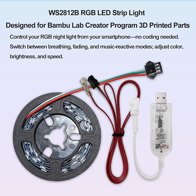 WS2812B RGB LED Strip Light Bundle-ZH037 1M/3.28FT APP Control for Bambu Lab X1/P1P/P2S/H2D 3D Printer Accessories MakerWorld Models Lamp 60 LEDs Ideal DIY 3D Print