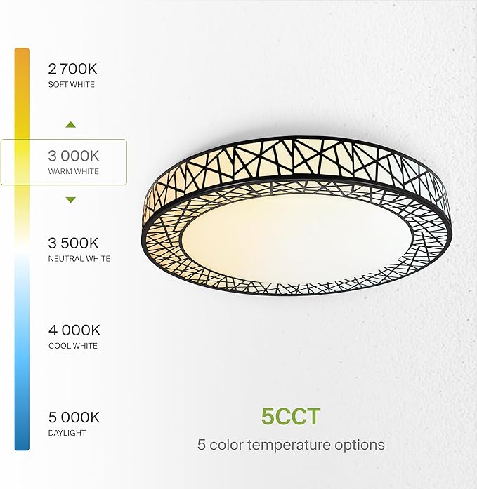 ASD 18 Inch LED Flush Mount Ceiling Light Fixture for Bedroom, 35W 1992LM 5CCT 2700K-5000K, Triac Dimmable Lights, Dining, Living Room, Kitchen Lamps, Modern Home Lighting Fixtures, Black, ETL