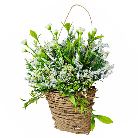 Basket Wreath for Front Door Decor, 35cm White Berry and Floral Hanging Basket, Spring Door Hanger for Indoor and Outdoor Use