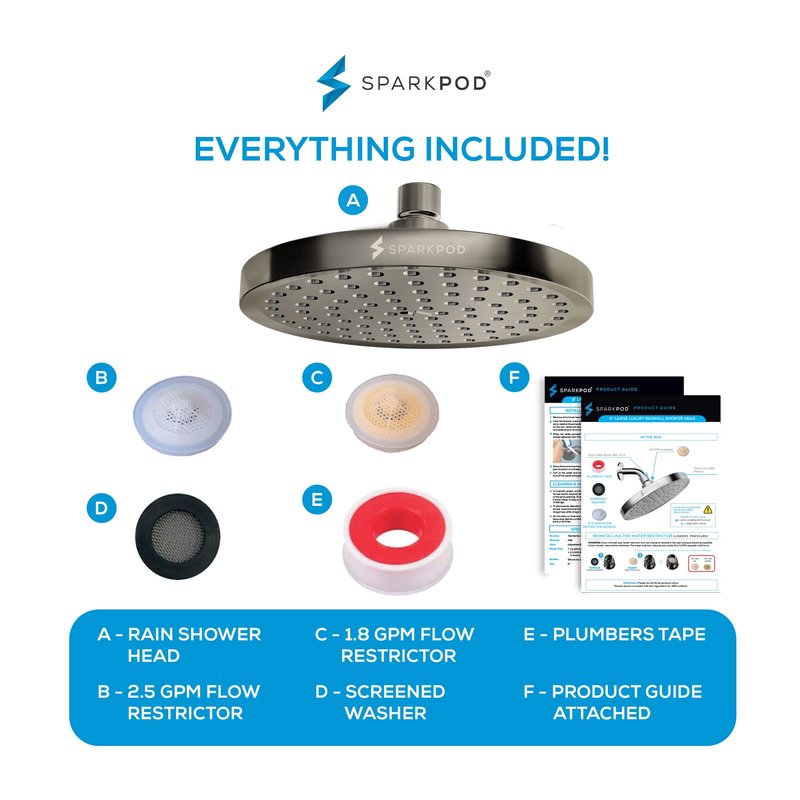 SparkPod Shower Head - High Pressure Rain - Premium Quality Luxury Design - Easy Clean Adjustable Replacement for Your Bathroom Shower Heads (Elegant Brushed Nickel, 8 Inch Round)
