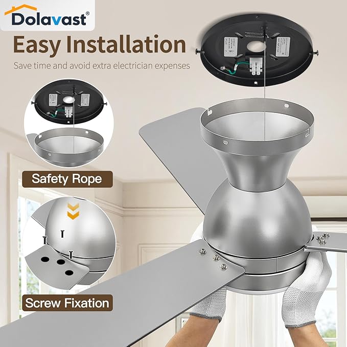 Ceiling Fans with Lights and Remote, 42 Inch Ceiling Fan with Light, Low Profile, Reversible, Dimmable LED, Flush Mount, Quiet, DC Motor, Nickel Ceiling Fan for Bedroom, Kitchen, Dining Room