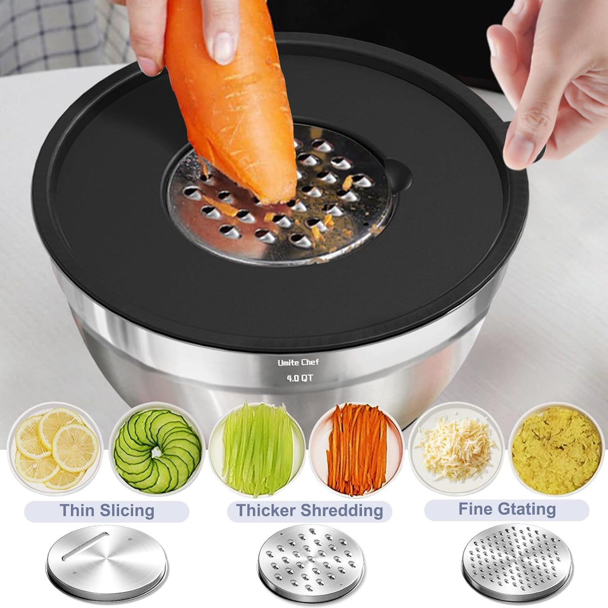 Umite Chef Mixing Bowls - 8PCS Stainless Steel Set with Airtight Lids & Grater Attachments | Non-Slip Bottoms, Black, 1.5QT to 5QT