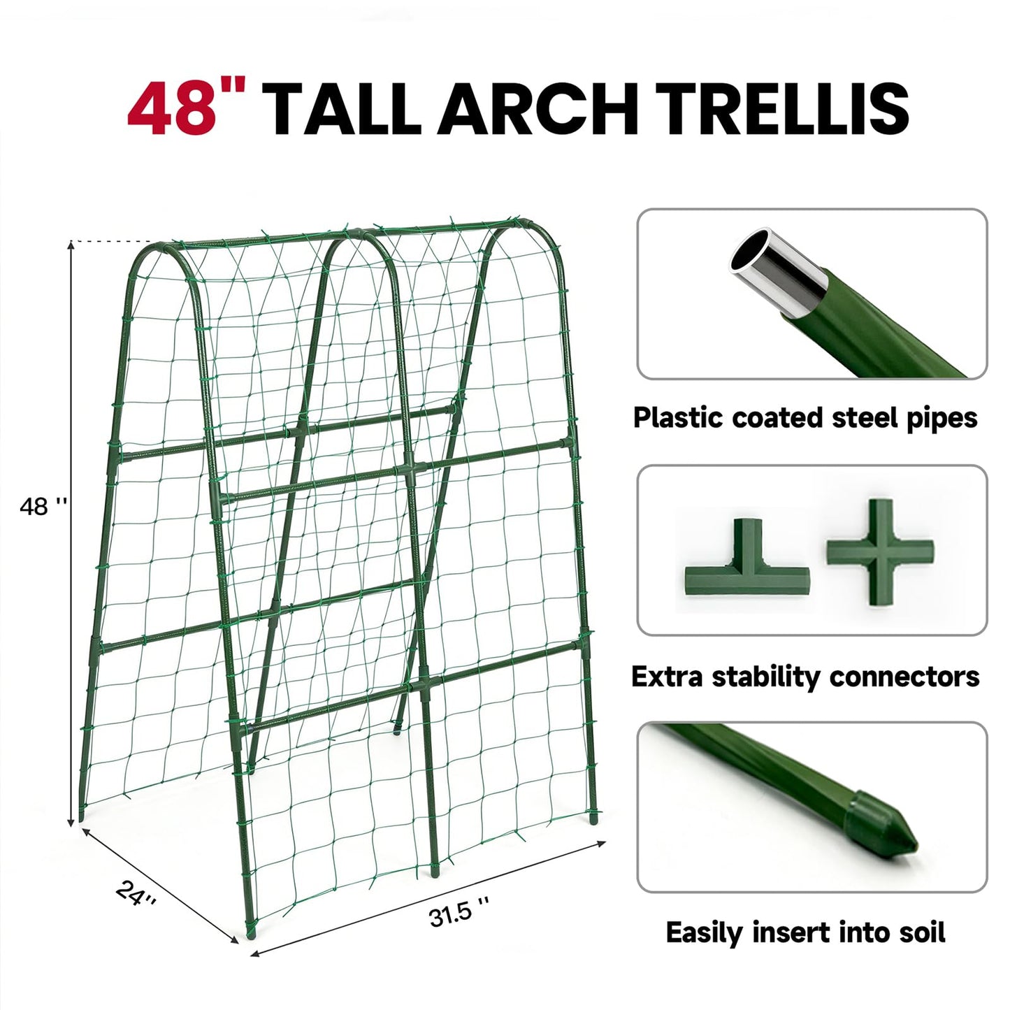 Cucumber Trellis for Raised Bed, Garden Trellis for Climbing Plants Outdoor, Metal Arch Trellis U-Shape Vegetables Support for Tomotoes Grape Vines Beans Peas (Green, 31.5" L x 24" W x 48" H)