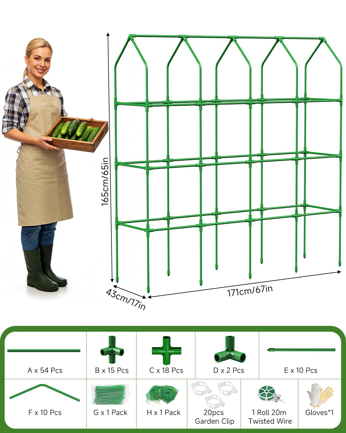 Cucumber Trellis with Grow Bag for Raised Bed, Garden Trellis for Climbing Plants Outdoor ((67 * 17 * 65inch(L*W*H), Trellis)