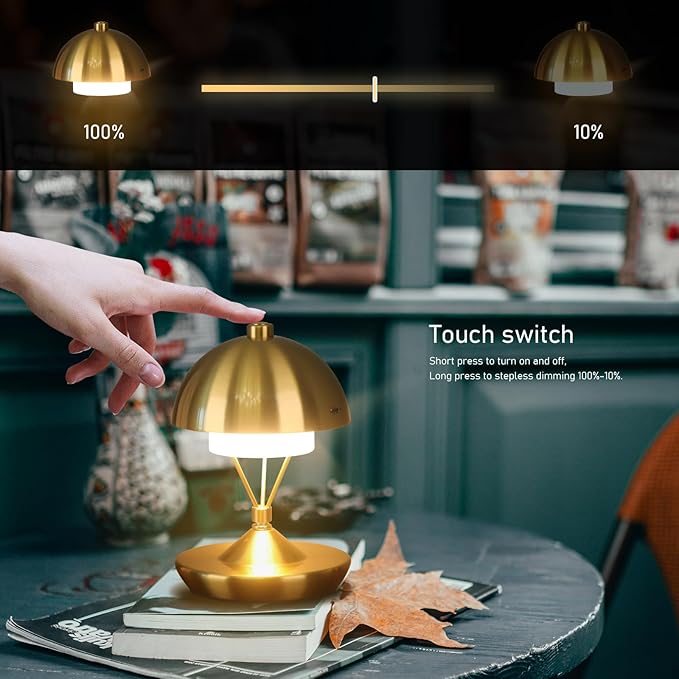 Modern Table Lamp Cordless Portable Desk Lamp, 2700K Stepless Dimming Rechargeable Battery Operated LED Lights for Bedroom, USB-C Charging, Restaurant/Bar/Night Light/Gifts (Antique Brass)