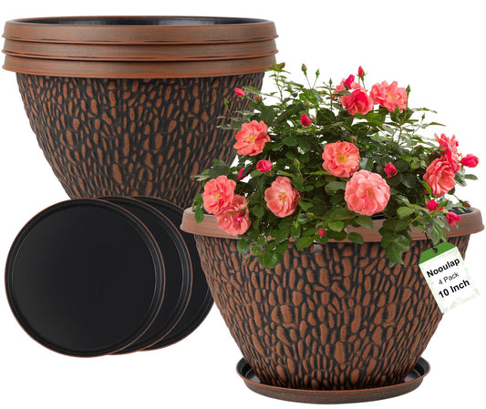 Nooulap 4 Pack Flower Pots Outdoor, 10 Inch Plant Pot with Drainage Hole & Tray, Thickened Plastic Planters for Indoor Outdoor Plants, Lightweight Brown Decorative Garden Pot with Saucer