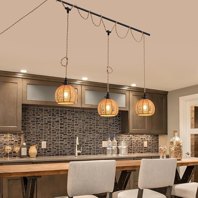 3-Light Hanging Light with Plug in Cord,Plug in Pendant Light 22ft Hemp Rope Pendant Lighting Vintage 3-Light Hanging Lamp Fixtures for Kitchen Island Living Room Bedroom