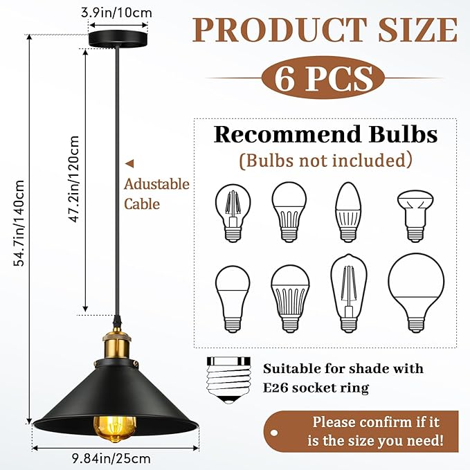 Retisee 6 Pieces Industrial Pendant Lights E26 E27 Base Farmhouse Lampshade for Hanging Light Vintage Metal Shade Fixtures Barn for Kitchen Dining Room Home Bar Foyer(Black)