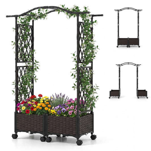 Giantex Planter Boxes with Arch Trellis, 5FT Self-Watering Tall Raised Garden Bed w/Wheels, Hanging Roof & Drainage Holes, Outdoor Indoor Tomato Planter for Climbing Vines Vegetables (60"x16"x58")
