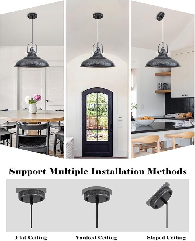 16 Inch Large Pendant Lights Kitchen Island, Black and Silver Pendant Light, Vintage Farmhouse Pendant Light, Island Pendant Lights for Kitchen Island, Dining Room (1 Pack)