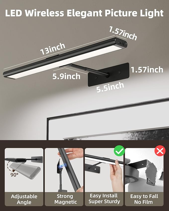 EZVALO Picture Light for Wall, 16'' Black Rechargeable 4800mAh Battery Lights Wireless Remote, Dimmable Magnetic LED Art Painting Light with 3 Color Temperatures, Display for Gallery, Living Room(2P)