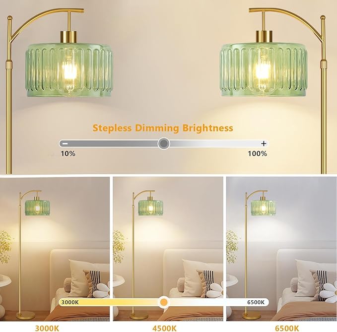 Floor Lamp for Living Room,Bedroom,Gold Dimmable Standing Lamp with Remote,Mid Century Modern Brass Tall Lamp Retro Vintage Glass Lamp Floor Light Boho Bohemian