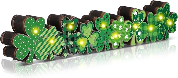 Yousoontic St. Patrick's Day Shamrock Decor Table Centerpieces Wooden Shamrock Sign Decorations with LED Lights Block Irish Farmhouse Green Decor for St. Patrick's Day Home Mantel Desk Office Party