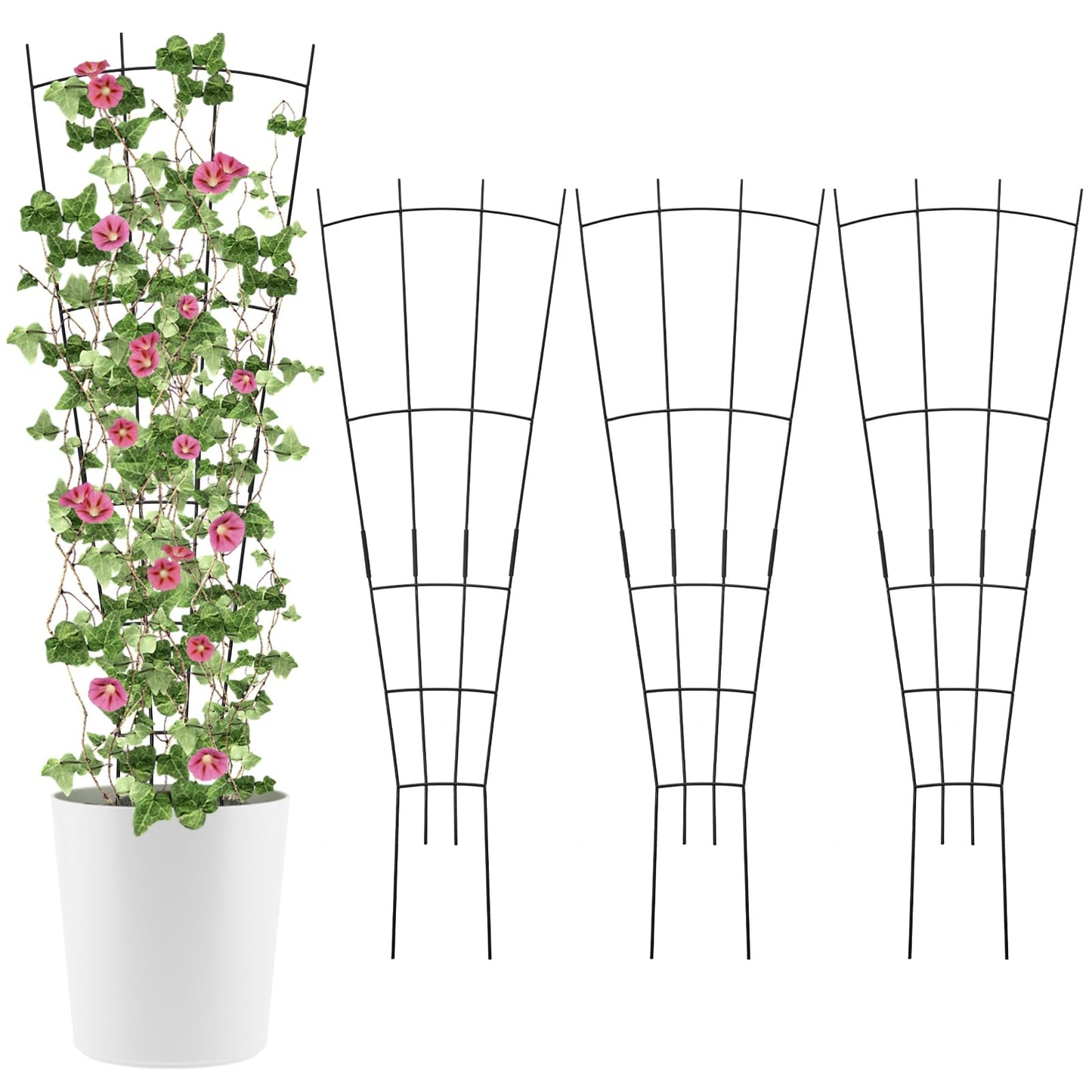 ANCOUUIN 4 Pack 32'' Black Metal Plant Trellis Indoor/Outdoor, Fan Shape, Stainless Steel, Modern Style, Easy Assembly