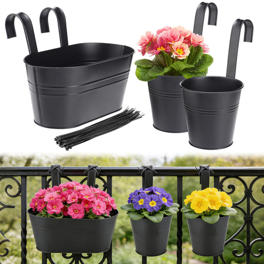 MADHOLLY Railing Planter with Drainage - 10.8" & 5.1" Bucket Pots for Balcony Railing, Metal Iron Hanging Flower Pots for Herb Planter Outdoor Deck & Rail Decor with Hook, Black (3Pcs)