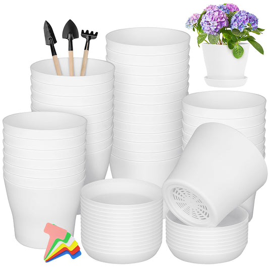 Hahood 36 Pack 5.5 Inch Plastic Plant Pots with Saucers White Flower Plant Container Seed Starting Pots Thickened Seedlings Nursery Pot for Home Garden Indoor Outdoor Flowers