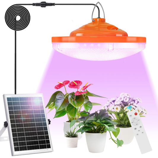 Ufelizor Solar Plant Grow Light Outdoor Indoor Run Day/Night, 96 LED Full Spectrum Solar Hanging Plant Light with Remote Control,16.4FT Cable/USB Charging/Timer for All Stage Plants