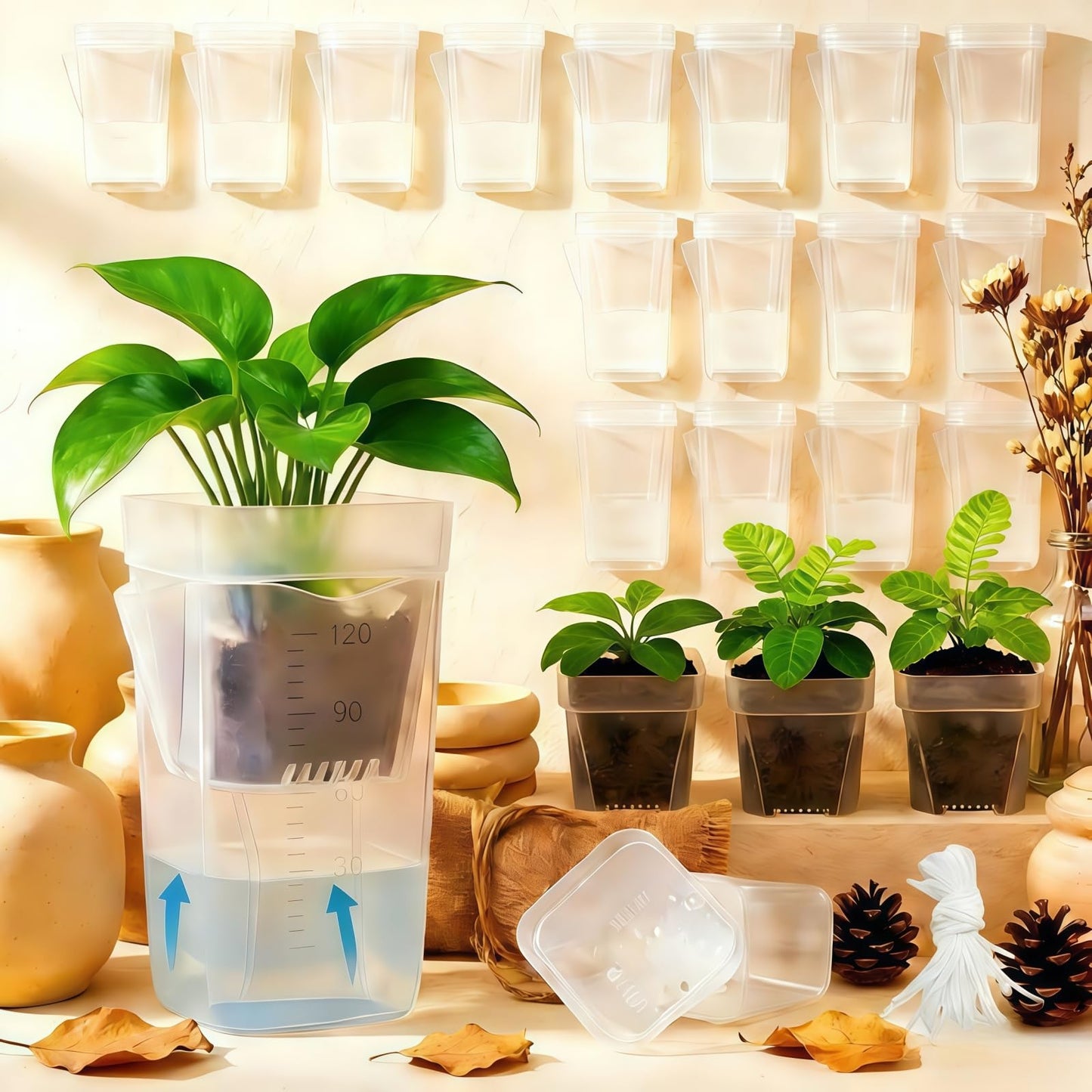 sunanday 16 Pack 2" Mini Self Watering Pots for Indoor Plants, Small Clear Deep Square Plastic Planters,Self Watering Planters Garden Flower Pots for fluval Stratum,alocasia Live Plant