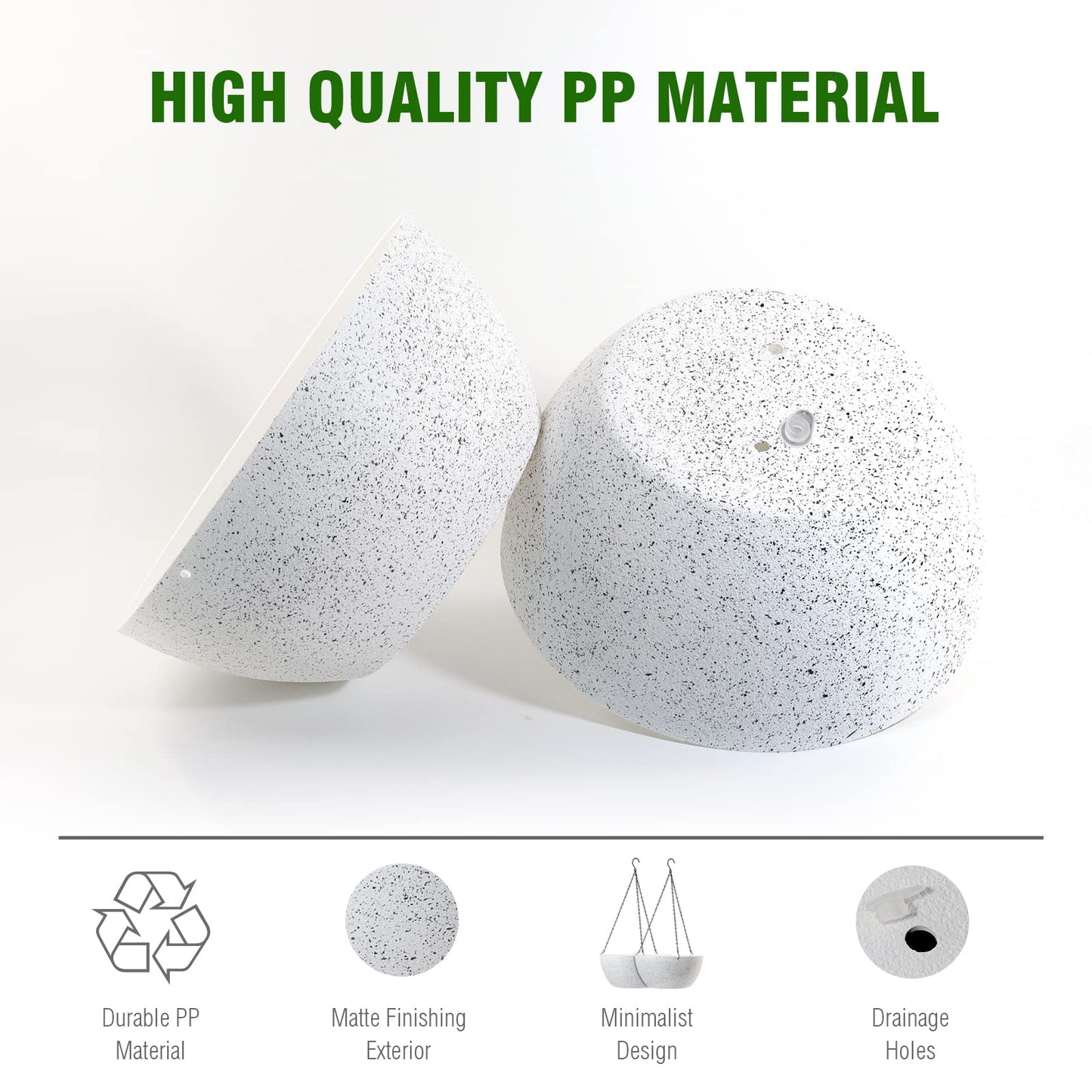 WSMKSZ 13 inch Large Hanging Planters Plant Pots for Outdoor Indoor Plants with Drainage Holes and Chain, 2 Pack Round Hanging Flower Pots for Garden Home Porch Decor, Speckled White