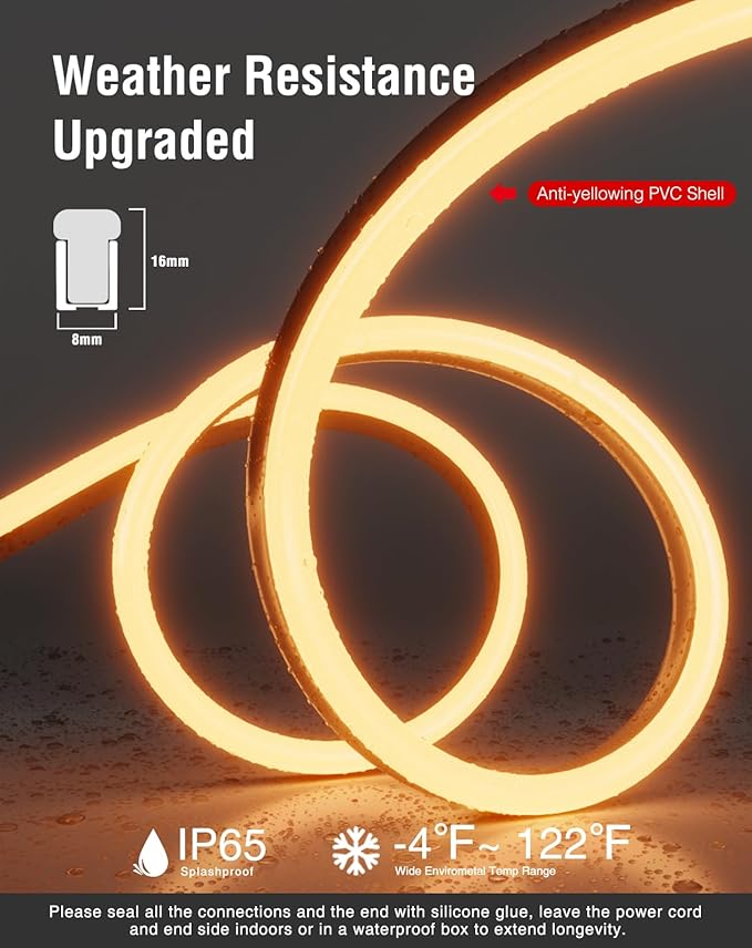 Shine Decor 50FT LED Neon Rope Lights, Bright 2500K Warm White AC110V-120V Neon Strip Light, 8x16mm Cuttable Waterproof SMD2835 120LED/M Indoor Outdoor Light Strips, DIY Ambiance Lighting Decoration