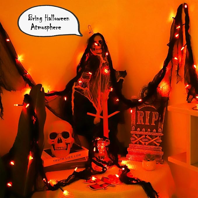 Halloween Fairy String Lights Indoor,Orange Battery Operated Lights, 30LED Battery Powered Timer 8 Mode 9.9Ft, Fall Garland with Black Cloth Gauze for Party Room Mental Fireplace Decorations (1PACK)