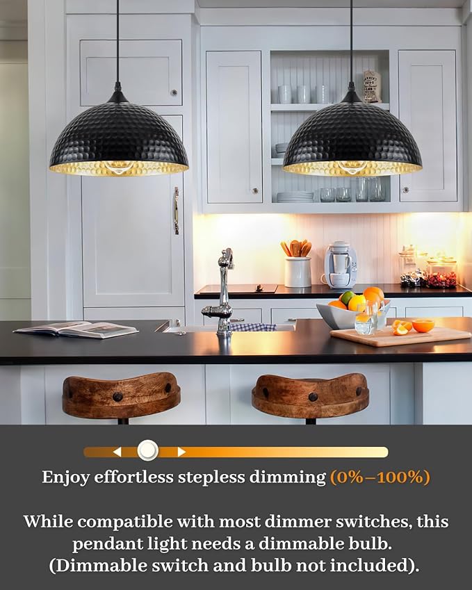 Hammered Dome Pendant Light 1 Pack, Black and Gold Pendant Light,12 Inch Metal Industrial Pendant Lights, Kitchen Island Pendant Lights for Kitchen, Dining Room, Bar