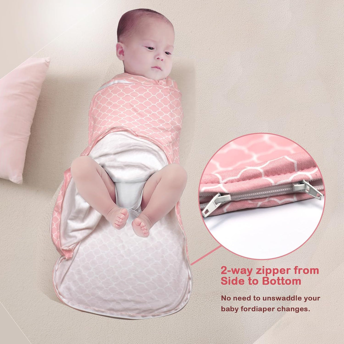 Skiennix Baby Sleep Sack Swaddle - 3-Way Adjustable Wearable Blanket for 0-6 Months | 100% Cotton, Pink