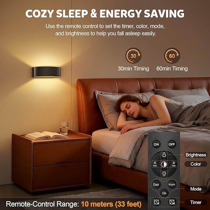 Motion Sensor Wall Sconces Set of 2, Rechargeable 5000mAh Battery Operated Wall Light with Remote Control 3 Colors Temperatures & Dimmable 15 RGB Colors Up and Down Wireless Wall Mount Light