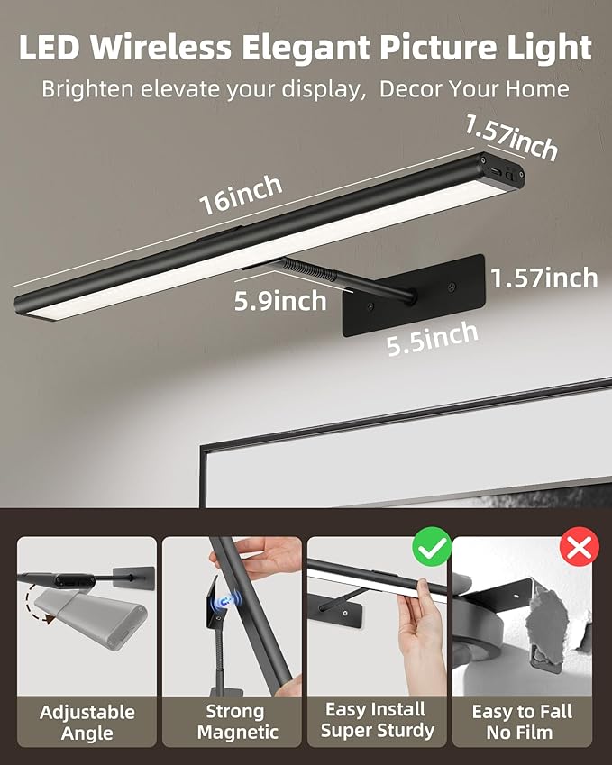 EZVALO Picture Light for Wall, 16'' Black Rechargeable 4800mAh Battery Lights Wireless Remote, Dimmable Magnetic LED Art Painting Light with 3 Color Temperatures, Display for Gallery, Living Room(2P)