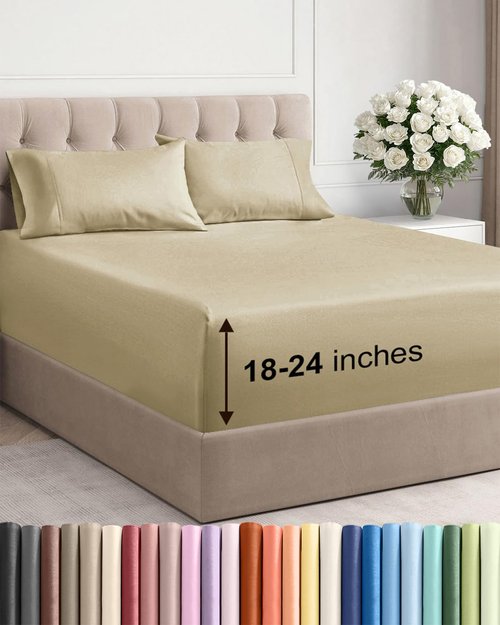 Extra Deep Twin Sheet Set - 4 Piece Breathable and Cooling Sheets - Hotel Luxury Bedding for Women, Men, Kids & Teens - Easy & Secure Fit - Soft, Wrinkle Free and Comfy - Extra Deep Pockets - Beige