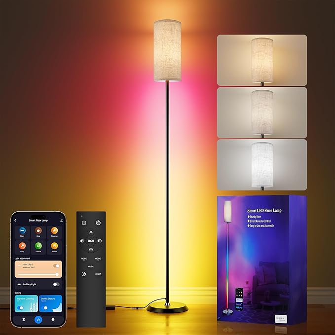 PARTPHONER RGBIC Floor Lamp, 1000 Lumen Smart Modern Floor Lamp with 16 Million DIY Colors & Dual Light, LED Corner Standing Lamp Featuring Music Sync, App/Remote Control for Living Room, Bedroom