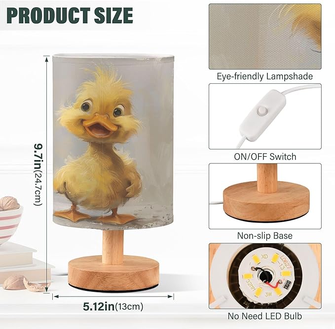 Cute Duckling Farm Animal Duck Table Lamp with Wood Base Fabric Lamp Shade Bedside Nightstand Desk Lamp for Living Room Bedroom Kids Room Office