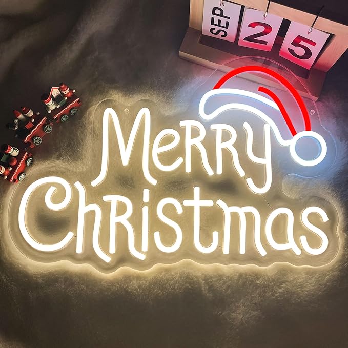 Merry Christmas Neon Signs, Warm White Christmas Neon Light with Santa Hat,USB Powered Dimmable LED xmas Lights Sign for Bedroom Home Living Room Party New Year Festival
