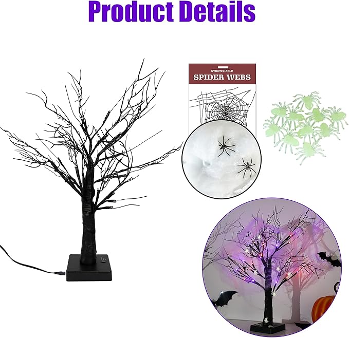 Dazzle Bright 2 Pack 20 Inch Orange & Purple Lighted Halloween Birches Tree Decor, 24 LED Battery Operated Halloween Decorations Artificial Black Spooky Tree with Timer for Indoor Home Party