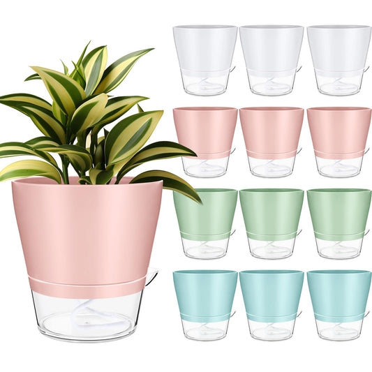 Funnymoom 12 Pack 6 Inch Self Watering Plant Pots Self Watering Planters with with Visual Reservoir and Drainage Hole Plastic Flower Pots for Indoor Plants African Violets Flowers