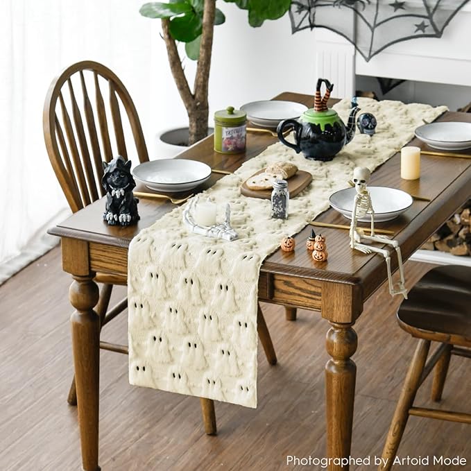 Artoid Mode Beige Ghost Soft Plush Faux Fur Jacquard Halloween Table Runner, Holiday Kitchen Dining Table Decoration for Home Party Decor 13x72 Inch