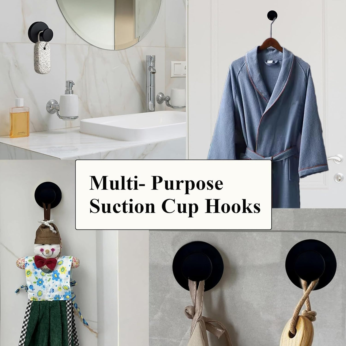 Skiennix Suction Cup Hooks - Stainless Steel Towel Holders for Bathroom & Kitchen | 2 Pack, Matte Black