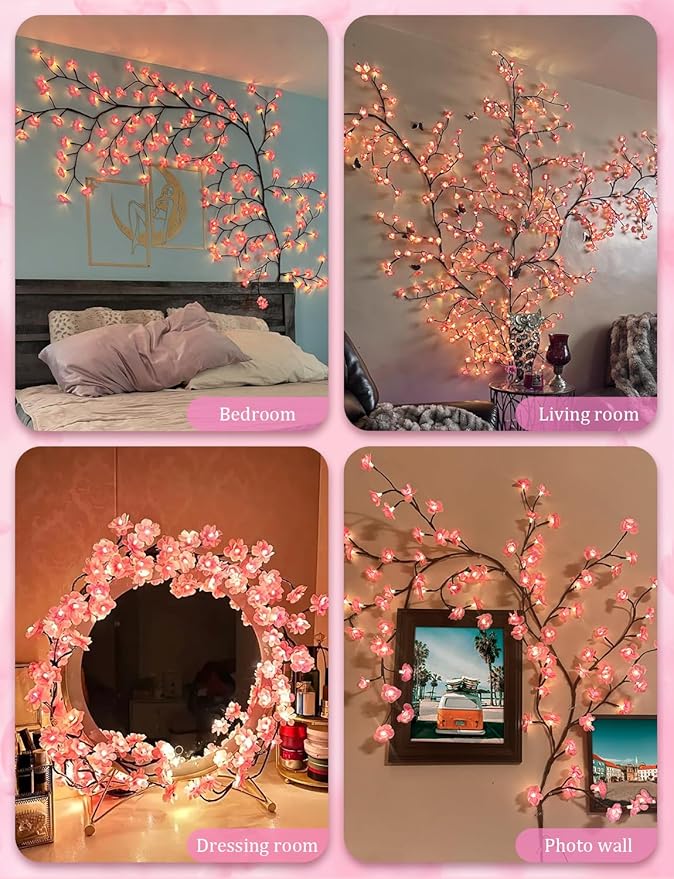 Cherry Blossom Lights for Bedroom Wall Decorations,4 FT 48 LED Cherry Blossom Decor,2026 New Dimmable Light-Up Pink Bedroom Decor with Remote Timer,8 Lighting Modes,Romantic Gifts for Her