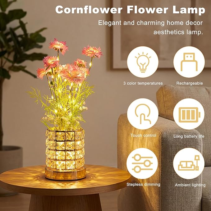 Cornflower Flower Lamp, Rechargeable Artificial Flower Table Lamp with 3 Color Temperature, Dimmable Touch Cordless Lamp for Bedroom Room Home Decor, Birthday Mother's Day Gift for Mom Grandma Women