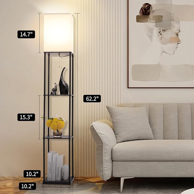 Floor Lamp with Shelves, with Modern Square Standing Lamp with Smart APP Control RGB Bulb, Corner Display Bookshelf Lamp for Living Room, Bedroom and Office (black-9RGB)