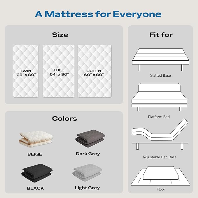 Aircliff Japanese Floor Futon Mattress, Roll Up Tatami Mat, Sleeping Pad, Shikibuton, CertiPUR-US Certified Foam Floor Mattress for Bed Sleeping, Dormitory, Guest Bed, Designed in Japan(Grey, Full)