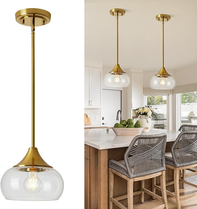 2 Pack Pendant Lights Kitchen Island, Modern Gold Pendant Light Fixtures with 8.5" Clear Glass Shade, Industrial Hanging Pendant Lights for Kitchen Island Dining Room Bedroom Hallway Entryway