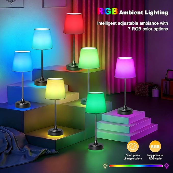 Cordless Table Lamp Rechargeable,5000mAh Battery Operated Desk Lamp,3 Colors & 7 RGB Stepless Dimmable,Touch Control Ambient Light for Bedside,Bedroom,Dining Room,Living Room,Black,WhiteShade
