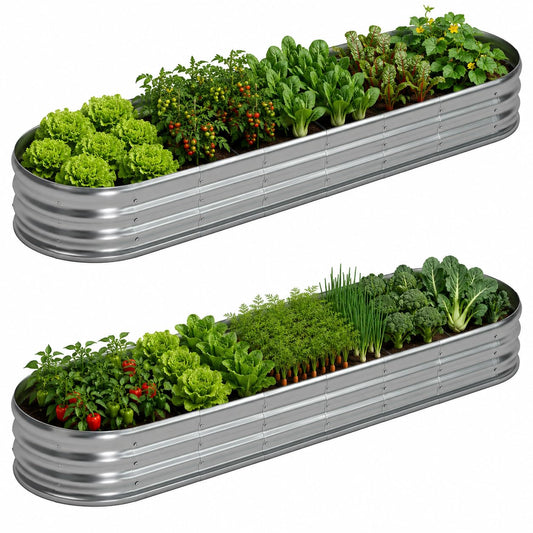 Foxlang 8x2x1ft(2 Pack) Galvanized Oval Raised Garden Bed,Outdoor Planter Box Metal Patio Kit Planting Bed for Vegetables Flowers Herb,Silver