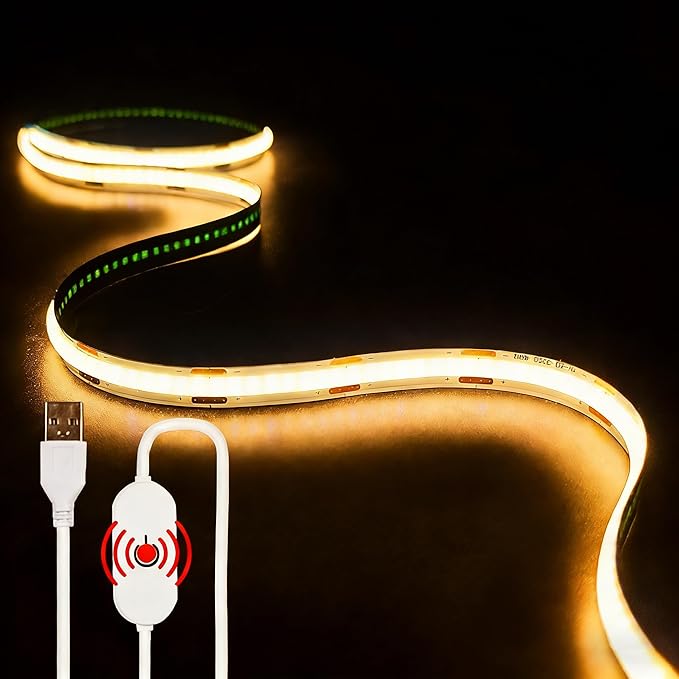 USB LED Light Strip,3000K Warm White COB LED Strip Lights, 6.56FT TV Lights Flexible Small Led Lights with Touch Switch Controller White 5V LED Strip Light for TV Backlight Bedroom